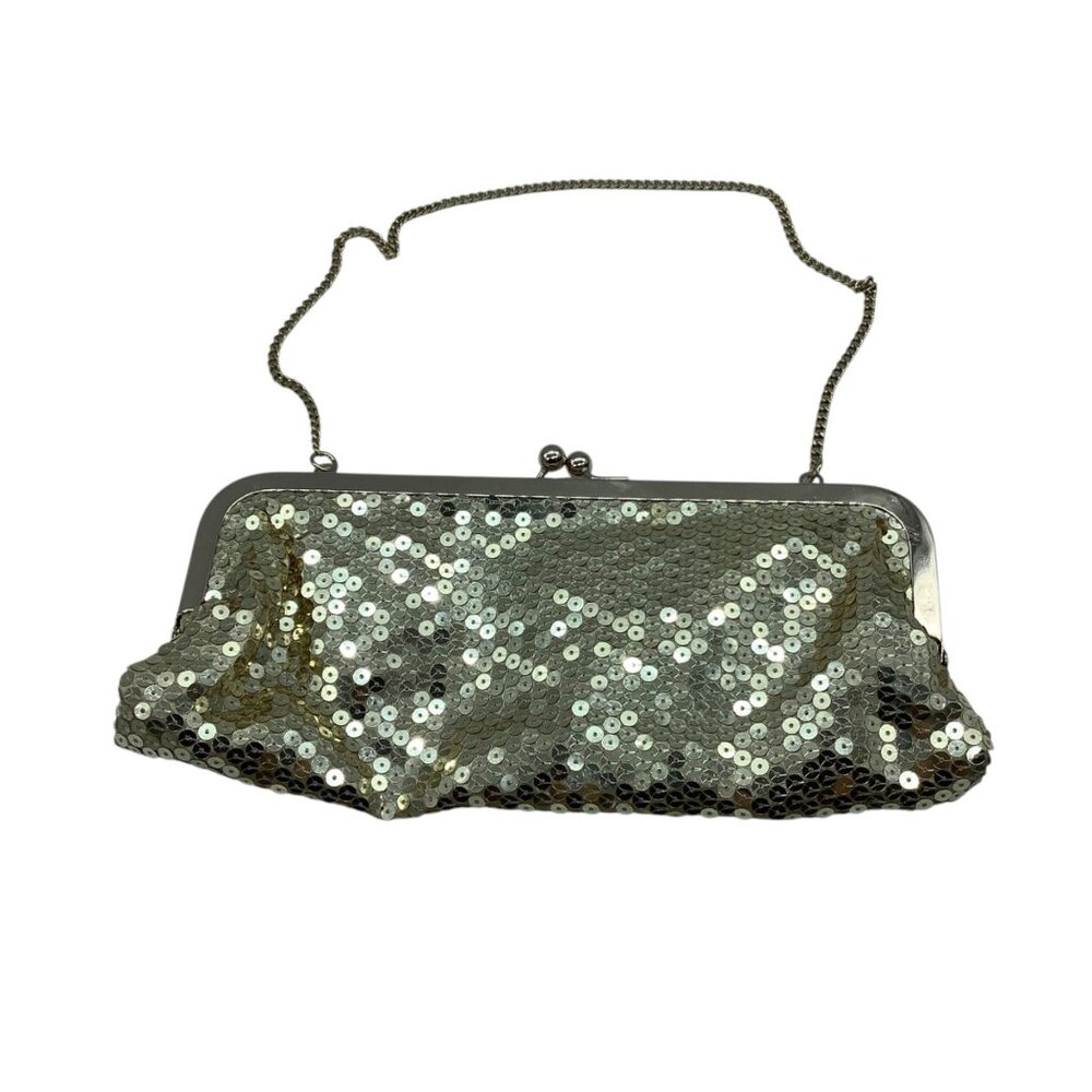Ann Taylor LOFT Gold Sequin Clutch Purse Chain Strap Kiss Lock Evening Bag